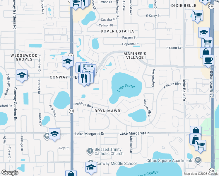 map of restaurants, bars, coffee shops, grocery stores, and more near 3025 Bridgehampton Lane in Orlando