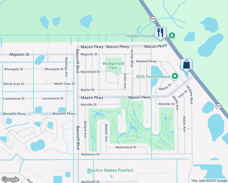 map of restaurants, bars, coffee shops, grocery stores, and more near 20412 Marlin Street in Orlando