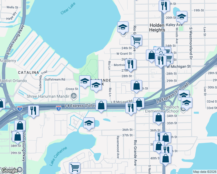map of restaurants, bars, coffee shops, grocery stores, and more near 3002 Rio Lane in Orlando