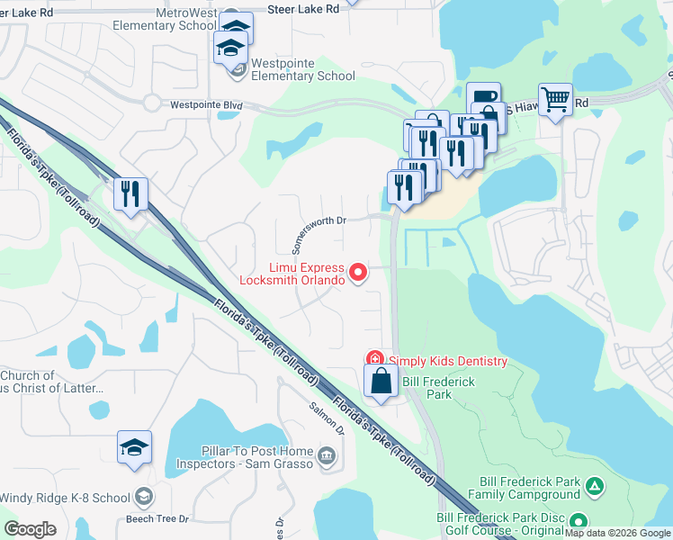 map of restaurants, bars, coffee shops, grocery stores, and more near 7239 Hunterdon Drive in Orlando