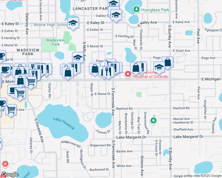 map of restaurants, bars, coffee shops, grocery stores, and more near 2728 South Ferncreek Avenue in Orlando