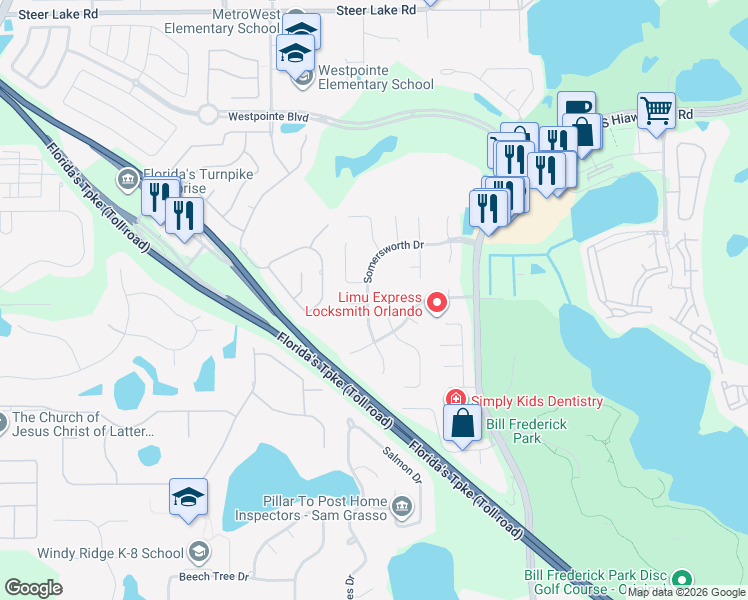 map of restaurants, bars, coffee shops, grocery stores, and more near 7228 Somersworth Drive in Orlando