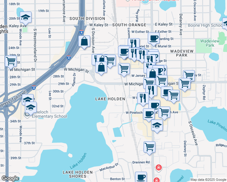 map of restaurants, bars, coffee shops, grocery stores, and more near 2721 Lake Holden Terrace in Orlando