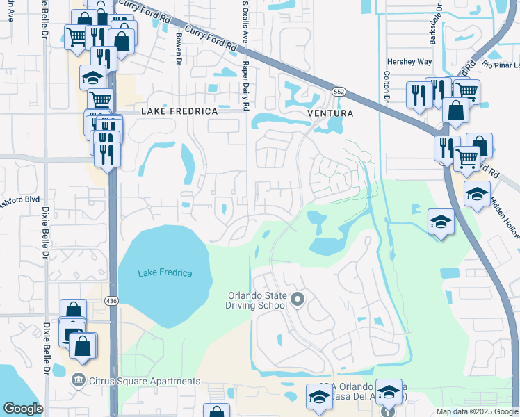 map of restaurants, bars, coffee shops, grocery stores, and more near 6112 Sunnyvale Drive in Orlando