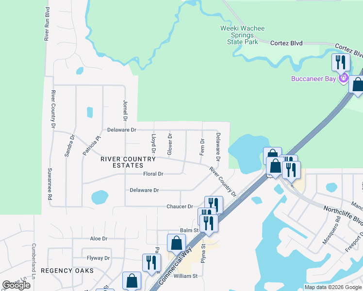 map of restaurants, bars, coffee shops, grocery stores, and more near 8199 Floral Drive in Spring Hill