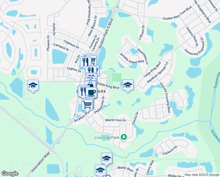 map of restaurants, bars, coffee shops, grocery stores, and more near 13051 Center Square Drive in Orlando