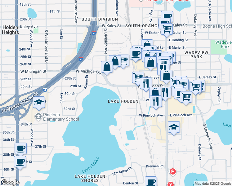 map of restaurants, bars, coffee shops, grocery stores, and more near 2721 Lake Holden Terrace in Orlando