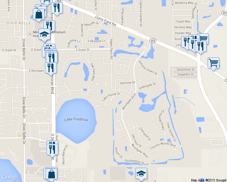 map of restaurants, bars, coffee shops, grocery stores, and more near 6112 Sunnyvale Drive in Orlando