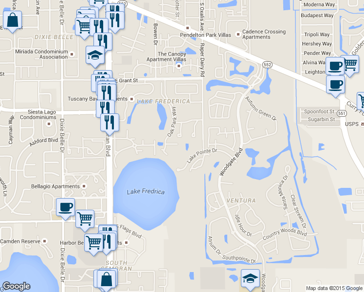 map of restaurants, bars, coffee shops, grocery stores, and more near 5990 Braemar Place in Orlando