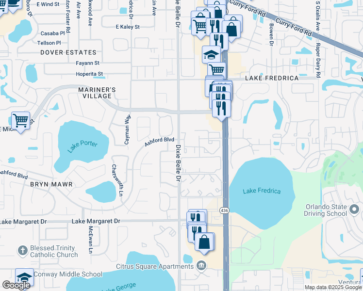 map of restaurants, bars, coffee shops, grocery stores, and more near 2936 South Semoran Boulevard in Orlando