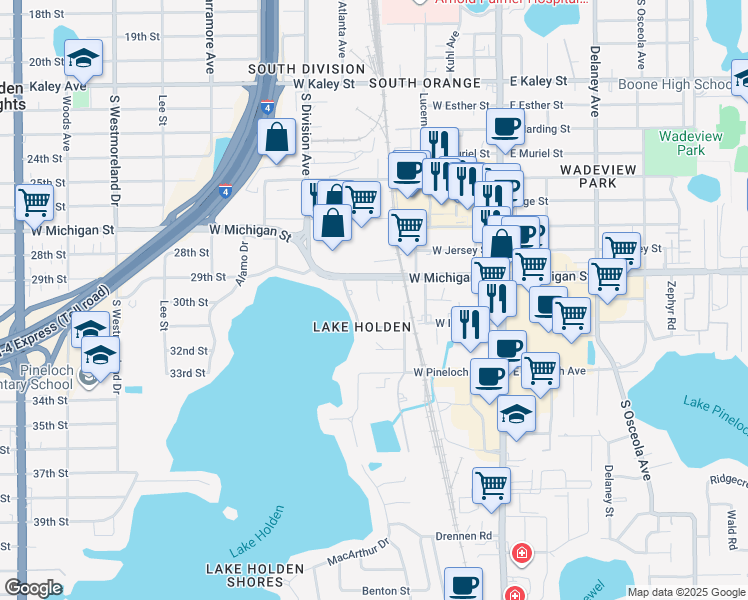 map of restaurants, bars, coffee shops, grocery stores, and more near 2721 Lake Holden Terrace in Orlando
