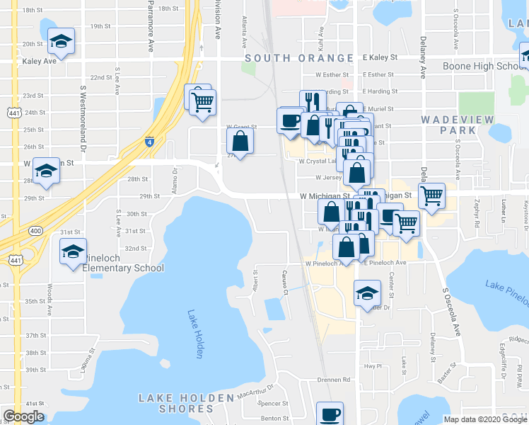 map of restaurants, bars, coffee shops, grocery stores, and more near 2721 Lake Holden Terrace in Orlando