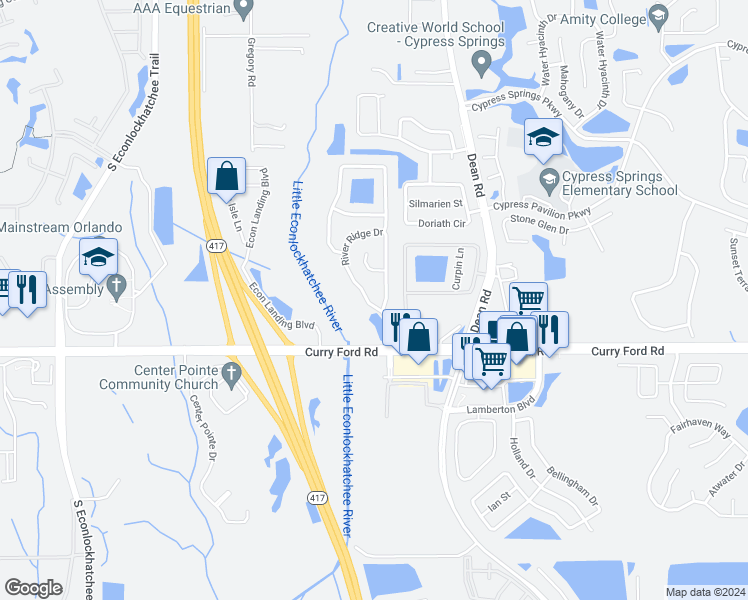 map of restaurants, bars, coffee shops, grocery stores, and more near 2837 River Ridge Drive in Orlando