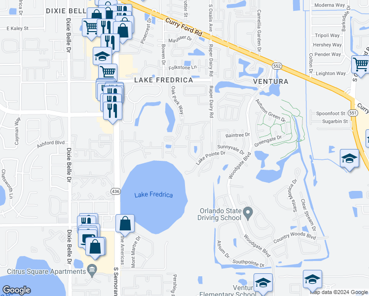 map of restaurants, bars, coffee shops, grocery stores, and more near 5978 Braemar Place in Orlando