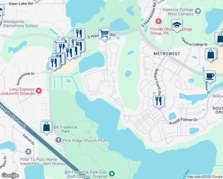 map of restaurants, bars, coffee shops, grocery stores, and more near 2337 Lake Debra Drive in Orlando