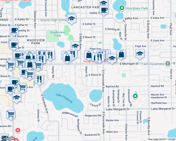 map of restaurants, bars, coffee shops, grocery stores, and more near 2723 Mayer Street in Orlando