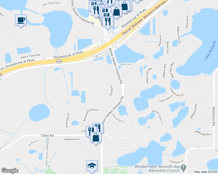 map of restaurants, bars, coffee shops, grocery stores, and more near 2118 Tall Oak Drive in Winter Garden