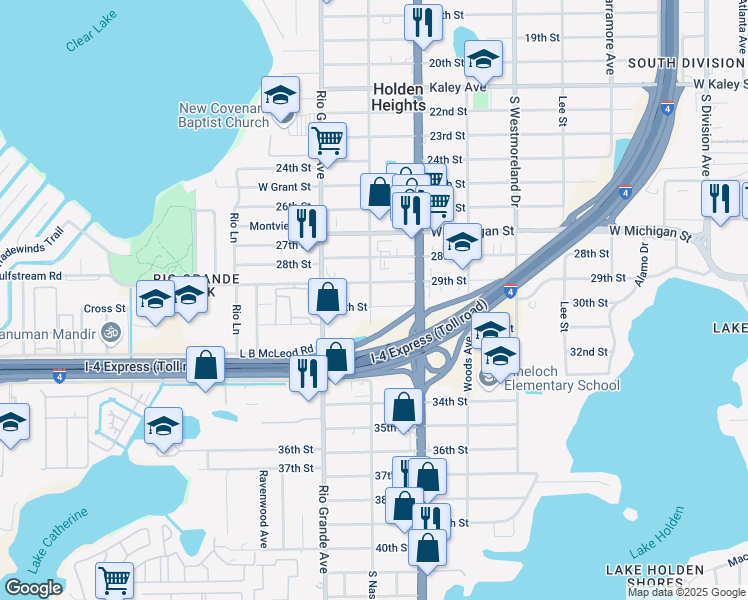map of restaurants, bars, coffee shops, grocery stores, and more near 1341 30th St in Orlando