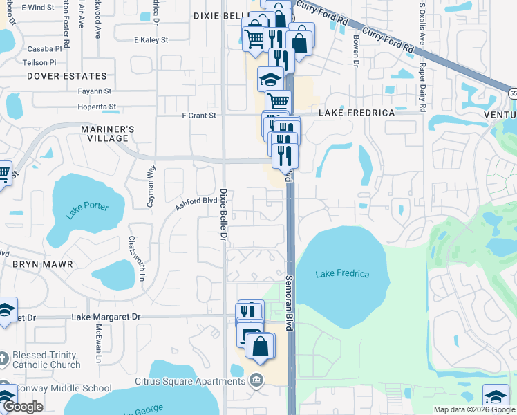 map of restaurants, bars, coffee shops, grocery stores, and more near 3036 South Semoran Boulevard in Orlando