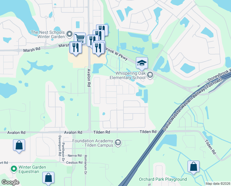 map of restaurants, bars, coffee shops, grocery stores, and more near 15302 Beamleigh Road in Winter Garden