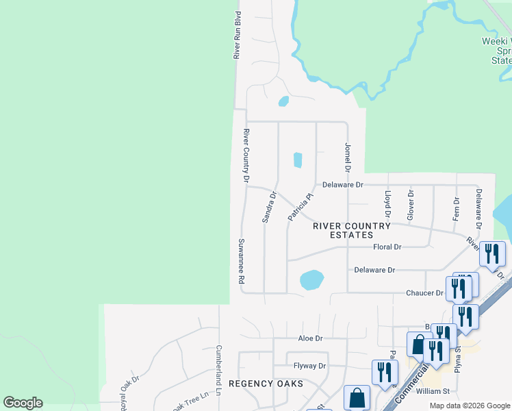 map of restaurants, bars, coffee shops, grocery stores, and more near 5337 Sandra Drive in Spring Hill