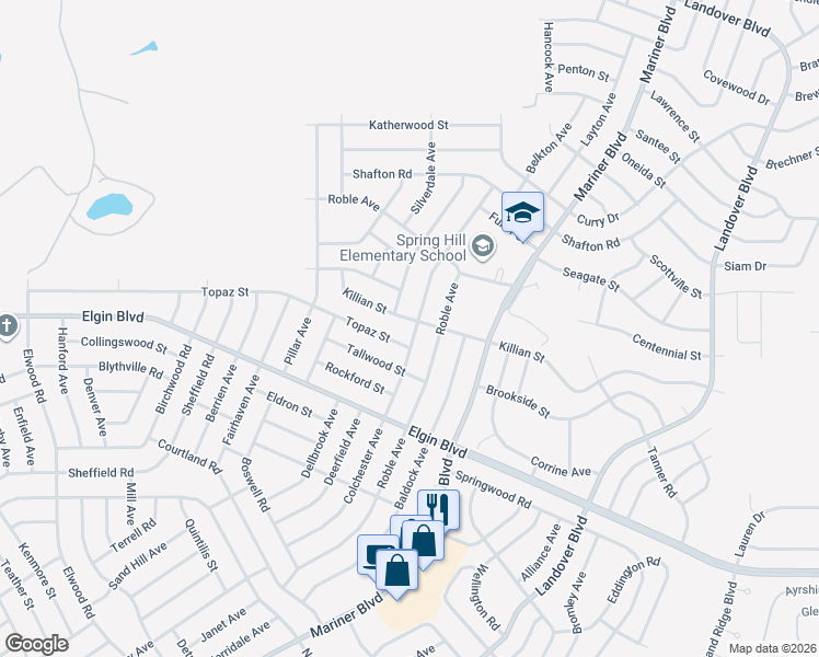 map of restaurants, bars, coffee shops, grocery stores, and more near 12198 Killian Street in Spring Hill
