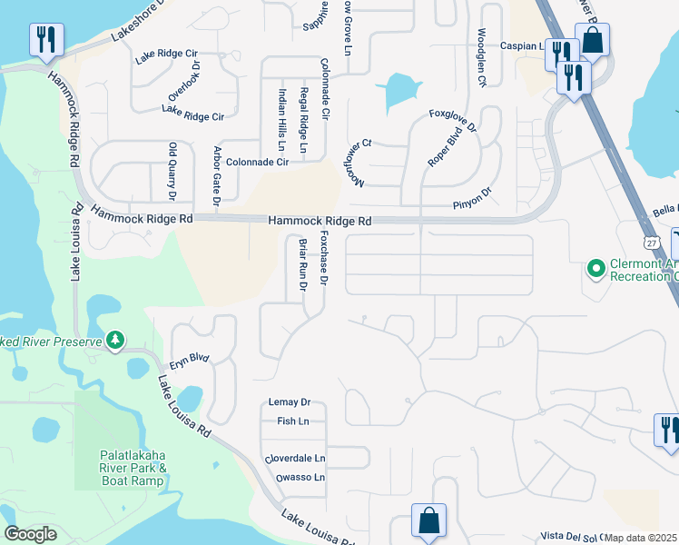 map of restaurants, bars, coffee shops, grocery stores, and more near 1324 Lattimore Drive in Clermont