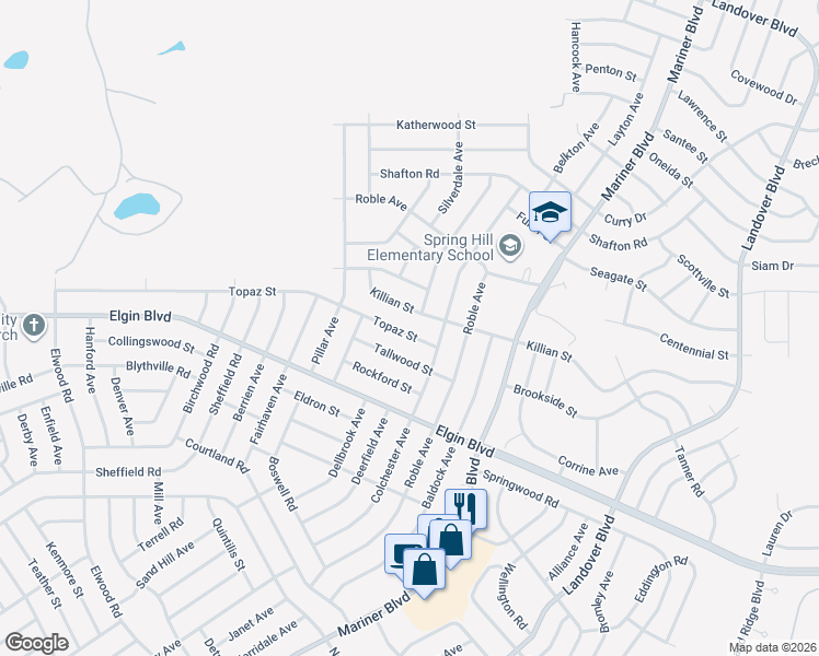 map of restaurants, bars, coffee shops, grocery stores, and more near 12157 Topaz Street in Spring Hill