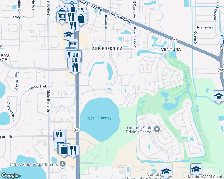 map of restaurants, bars, coffee shops, grocery stores, and more near 2936 Oak Park Way in Orlando