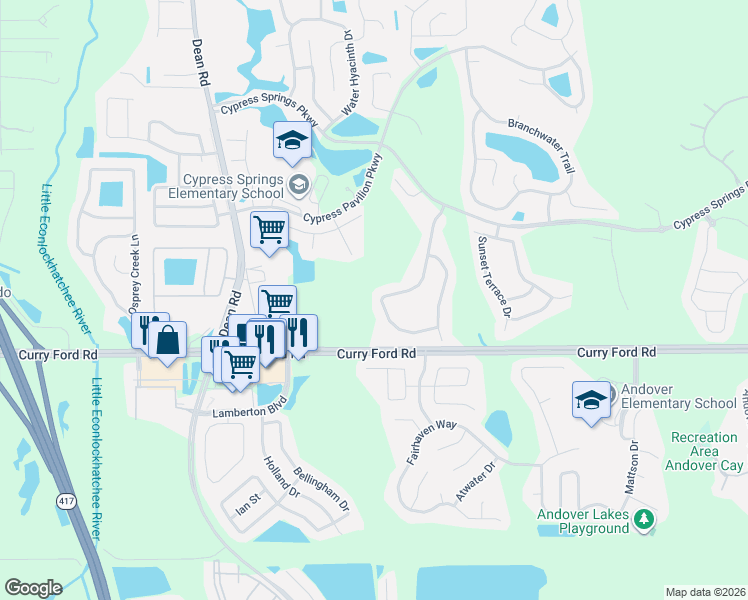 map of restaurants, bars, coffee shops, grocery stores, and more near 2366 Cypress Trace Circle in Orlando