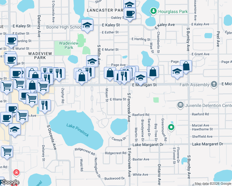 map of restaurants, bars, coffee shops, grocery stores, and more near 2721 South Brown Avenue in Orlando