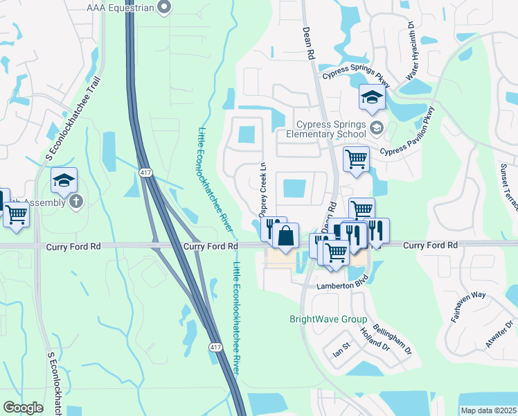map of restaurants, bars, coffee shops, grocery stores, and more near 2837 River Ridge Drive in Orlando