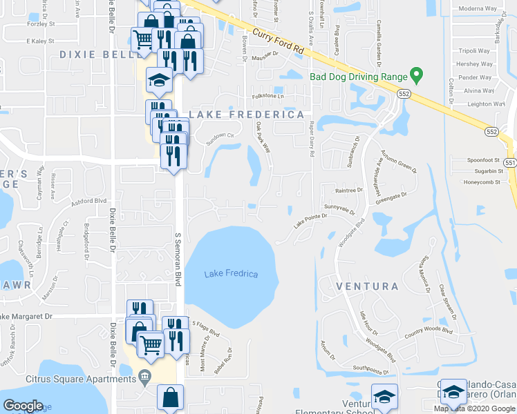 map of restaurants, bars, coffee shops, grocery stores, and more near 2936 Oak Park Way in Orlando