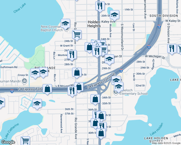 map of restaurants, bars, coffee shops, grocery stores, and more near 1341 30th Street in Orlando