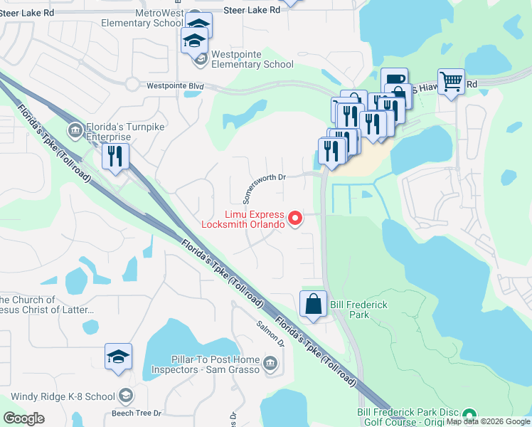 map of restaurants, bars, coffee shops, grocery stores, and more near 7239 Hunterdon Drive in Orlando