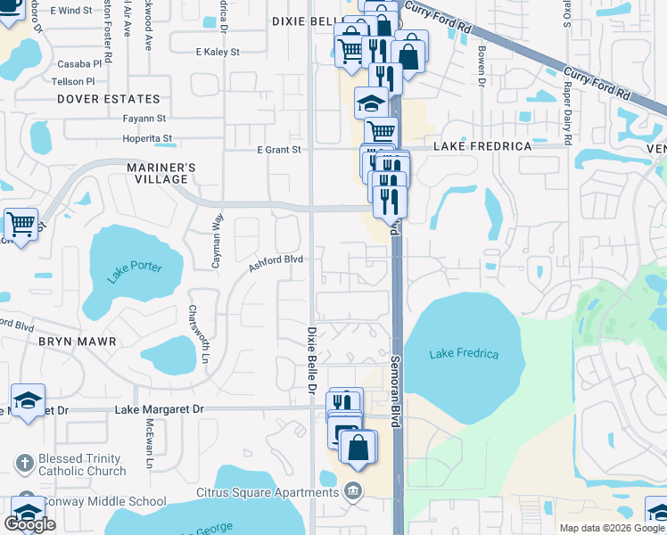 map of restaurants, bars, coffee shops, grocery stores, and more near 2936 South Semoran Boulevard in Orlando