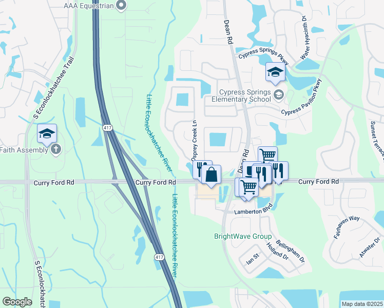 map of restaurants, bars, coffee shops, grocery stores, and more near 2837 River Ridge Drive in Orlando