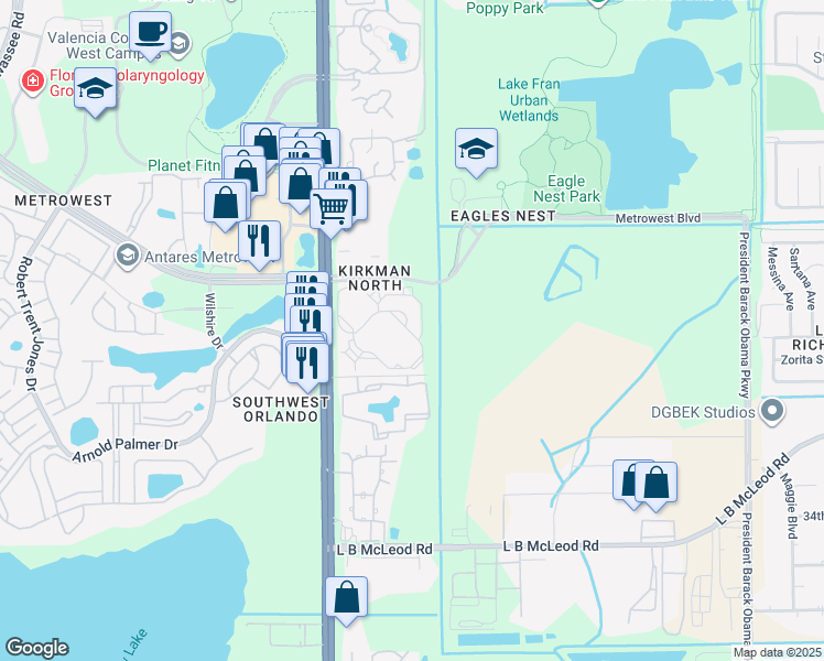 map of restaurants, bars, coffee shops, grocery stores, and more near 5536 Metrowest Boulevard in Orlando
