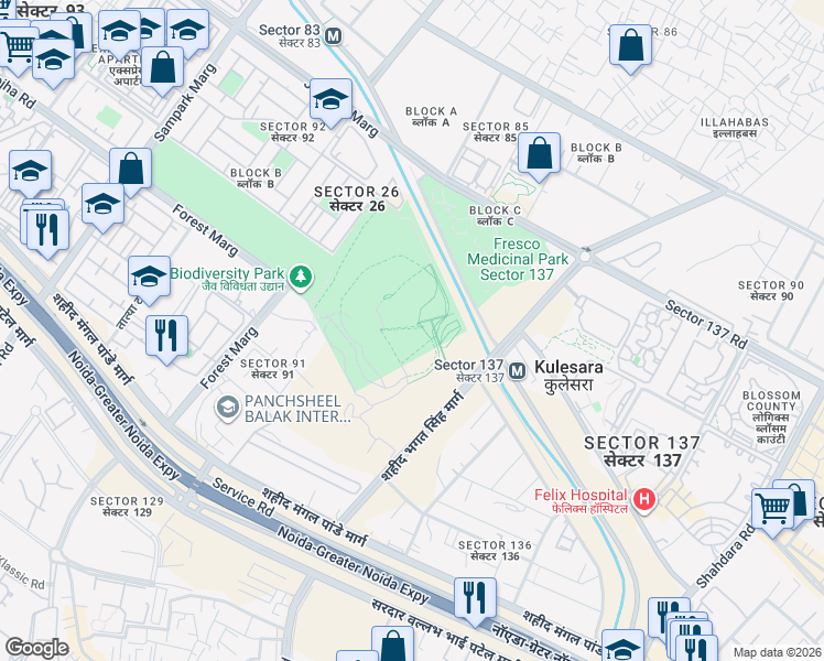 map of restaurants, bars, coffee shops, grocery stores, and more near Noida - Greater Noida Expressway in New Okhla Industrial Development Area