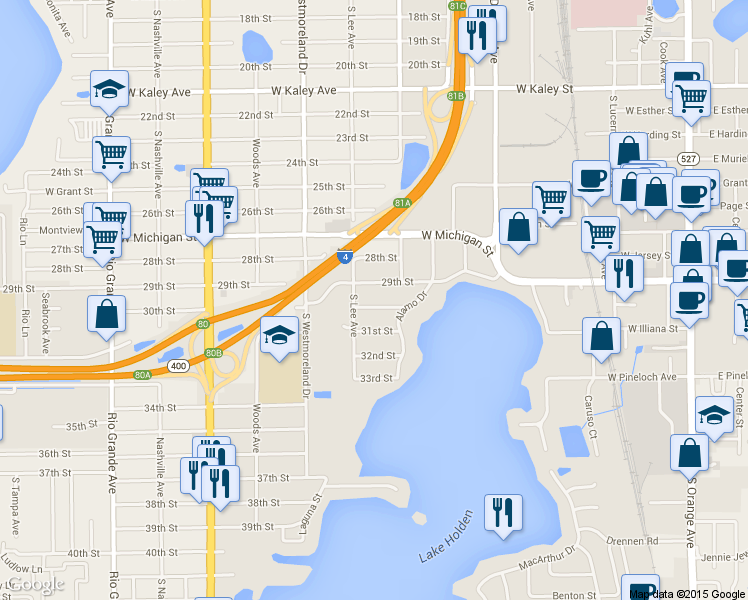 map of restaurants, bars, coffee shops, grocery stores, and more near 711 30th Street in Orlando