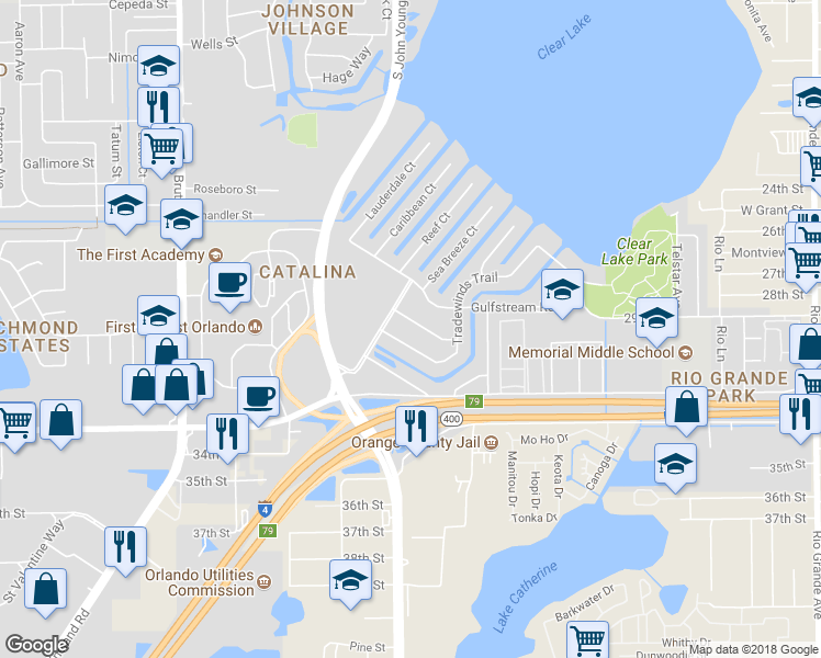 map of restaurants, bars, coffee shops, grocery stores, and more near 3202 Martinique Way in Orlando