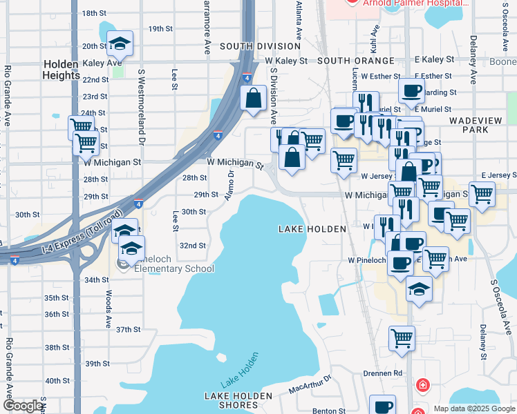 map of restaurants, bars, coffee shops, grocery stores, and more near 532 29th Street in Orlando
