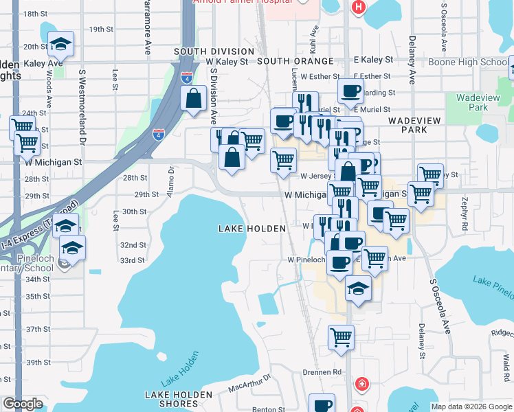 map of restaurants, bars, coffee shops, grocery stores, and more near 2721 Lake Holden Terrace in Orlando
