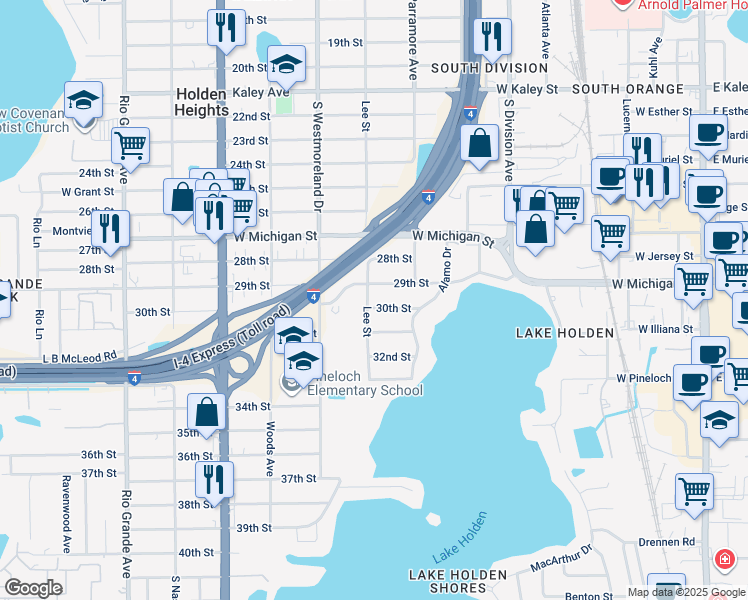 map of restaurants, bars, coffee shops, grocery stores, and more near 711 30th Street in Orlando