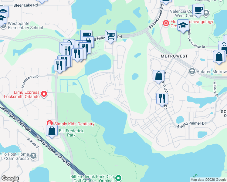 map of restaurants, bars, coffee shops, grocery stores, and more near 2482 Lake Debra Drive in Orlando