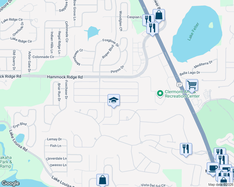 map of restaurants, bars, coffee shops, grocery stores, and more near 1086 Harmony Lane in Clermont