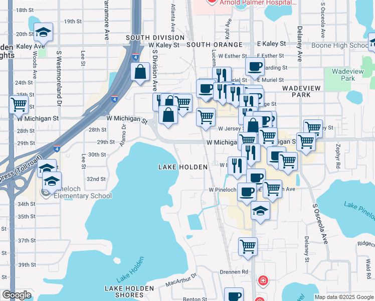 map of restaurants, bars, coffee shops, grocery stores, and more near 2721 Lake Holden Terrace in Orlando