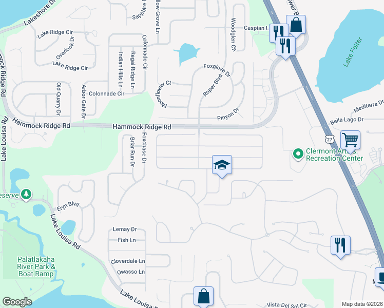 map of restaurants, bars, coffee shops, grocery stores, and more near 1042 Harmony Lane in Clermont