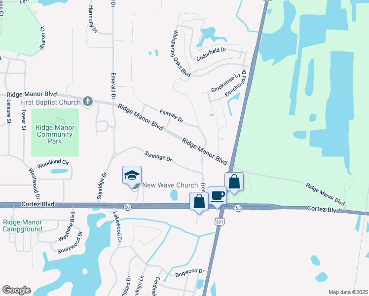 map of restaurants, bars, coffee shops, grocery stores, and more near 34366 Ridge Manor Boulevard in Ridge Manor