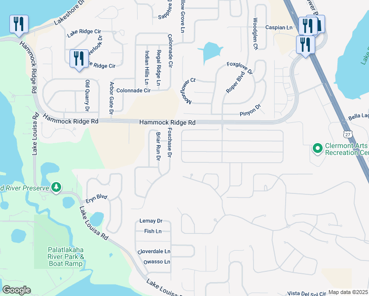 map of restaurants, bars, coffee shops, grocery stores, and more near 1324 Lattimore Drive in Clermont